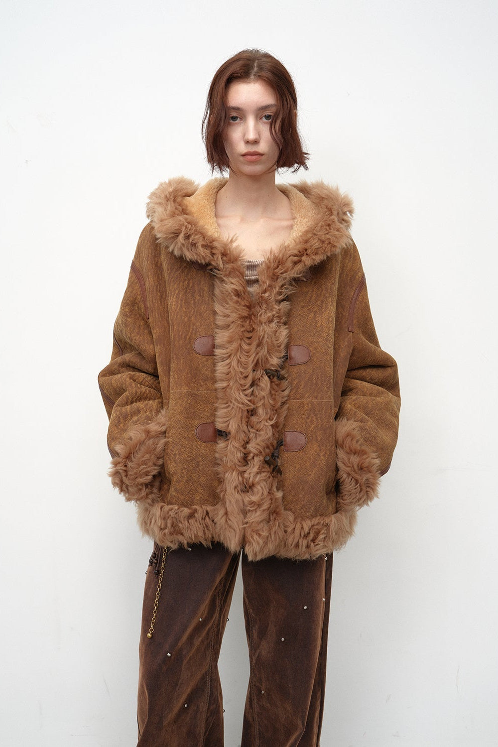 Fireladyfur Women's Shearling Coat - Drop Shoulder Hooded Merino Wool Winter Jacket-5