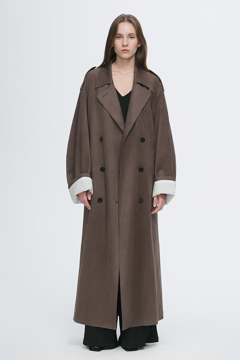 "Line Walker" matte micro-velvet drape classic elegant double-breasted straight long trench coat-0