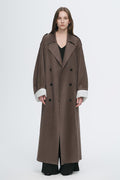 "Line Walker" matte micro-velvet drape classic elegant double-breasted straight long trench coat-0