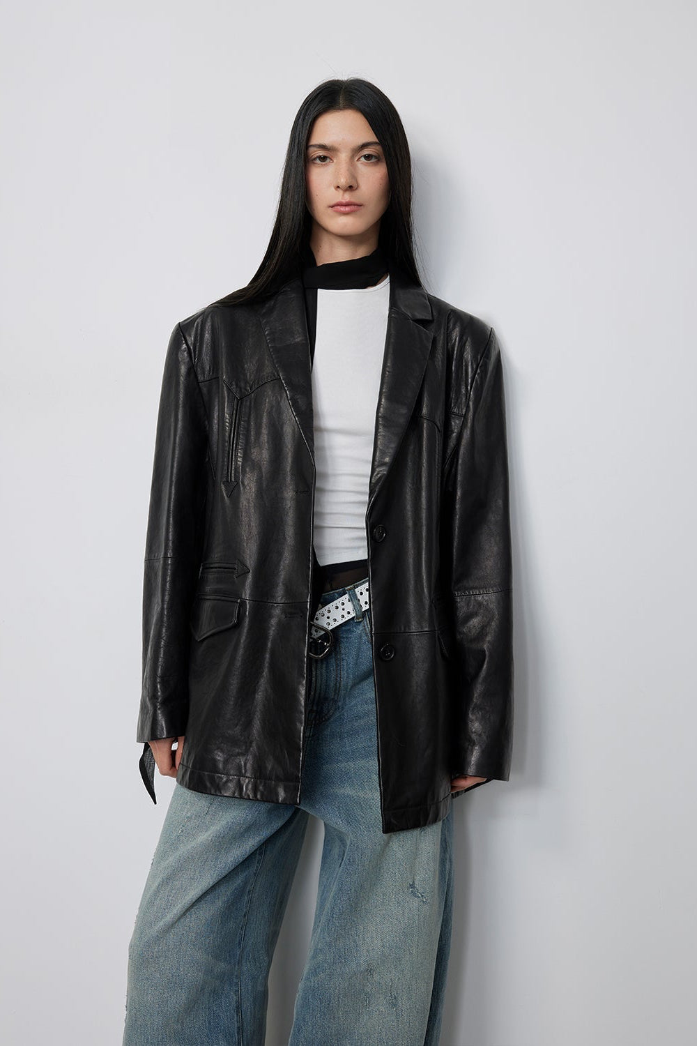 Custom-Dyed Washed Spray-Color Goat Leather Genuine Leather Blazer for Women, Vintage-Finish Leather Jacket “Nostalgic Denim”