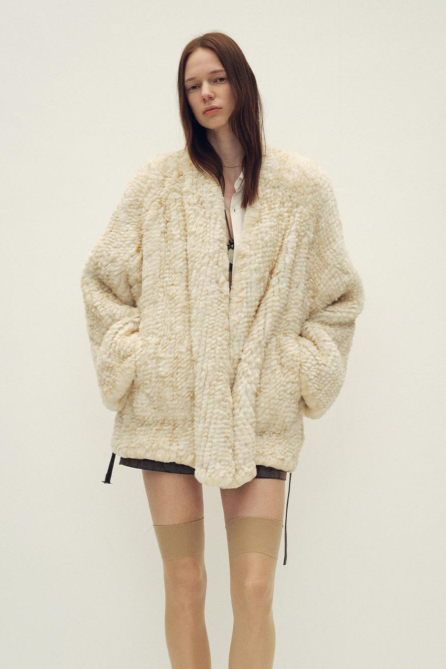 Loose-fitting two-tone gradient-dyed long woven Rex rabbit fur coat "Artistic Weaving"-5