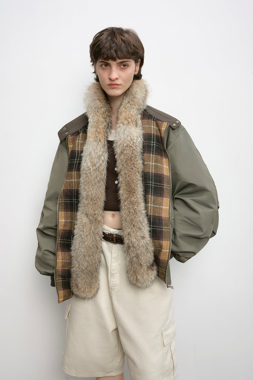 Fireladyfur Lightweight Parka with Detachable Wolf Fur Collar“Urban Warmth Walk”-5