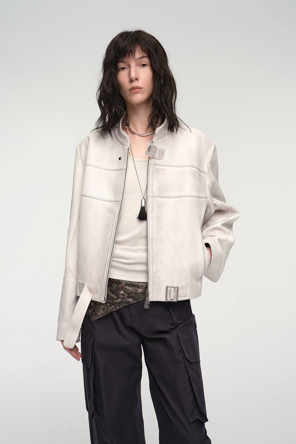 Retro Sheepskin Stand Collar Short Motorcycle Jacket “Caramel Mountain”-7