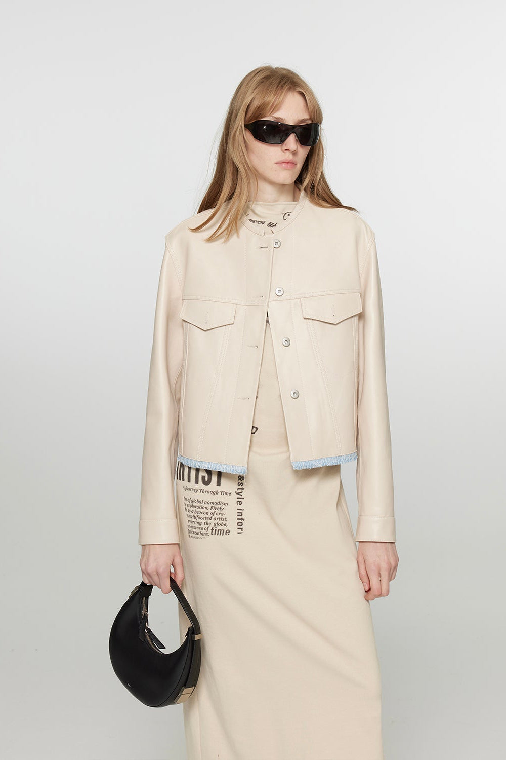 Retro Suede Sheep Leather Short Jacket with Structured Shoulders and Round Neck, Genuine Leather Outerwear "Sunset Escape"-6