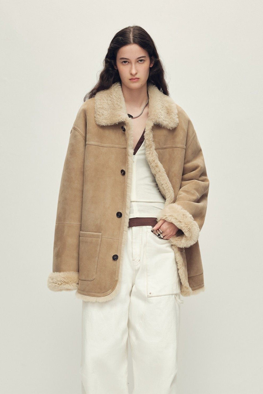 Women‘s Contrast-Collar Shearling Jacket with Shaved Leather Trim & Merino Shearling