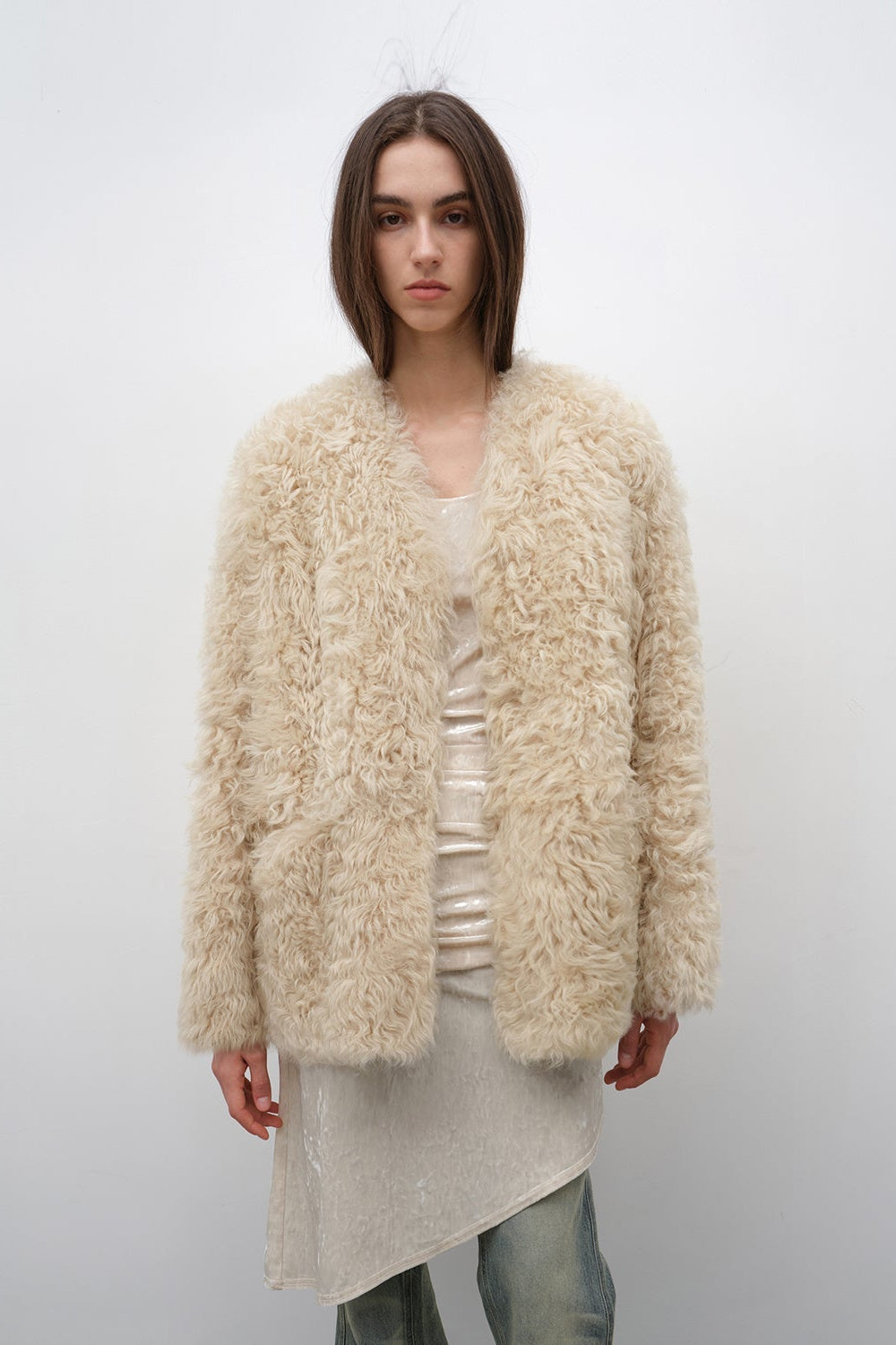 "Castle Dusk" V-neck Italian imported Tuscan curly wool sheepskin fur coat winter-7