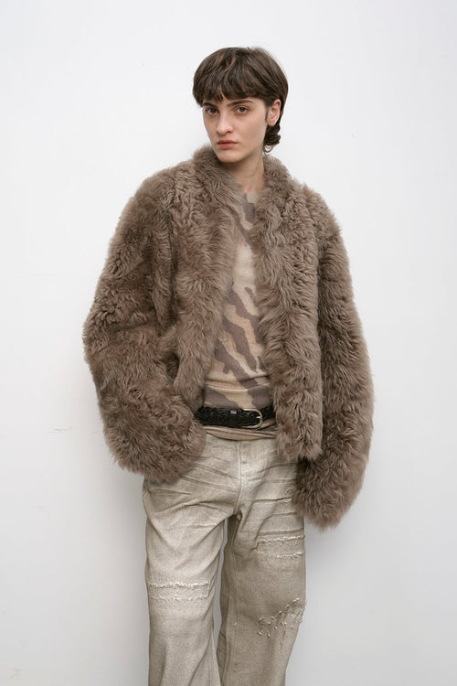 "Autumn Basel" imported Tuscan sheepskin half-roll short casual fur coat-6