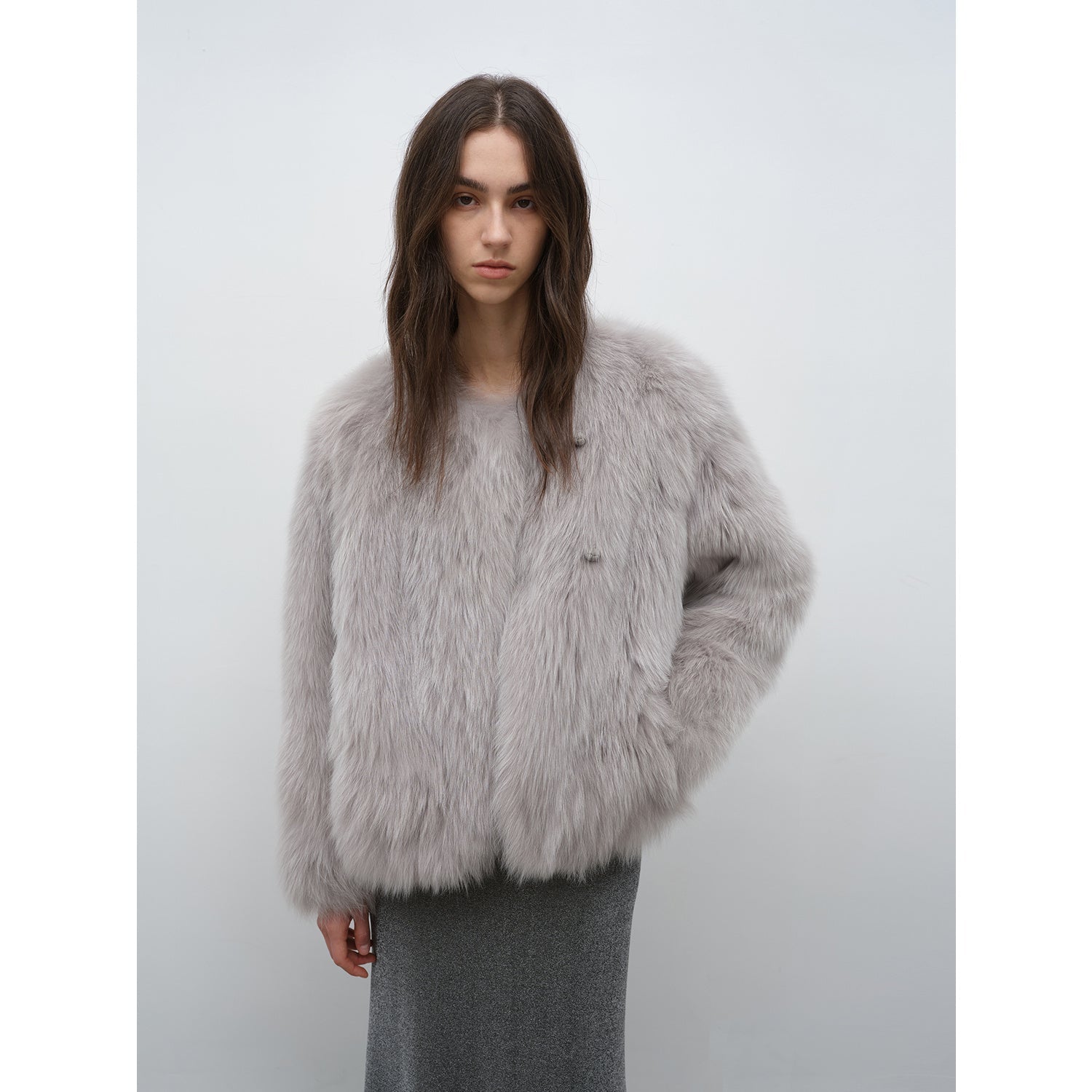 Morning Mist Manor Urban Chic Chicken Heart Collar Drop Shoulder Fox Fur Coat-5