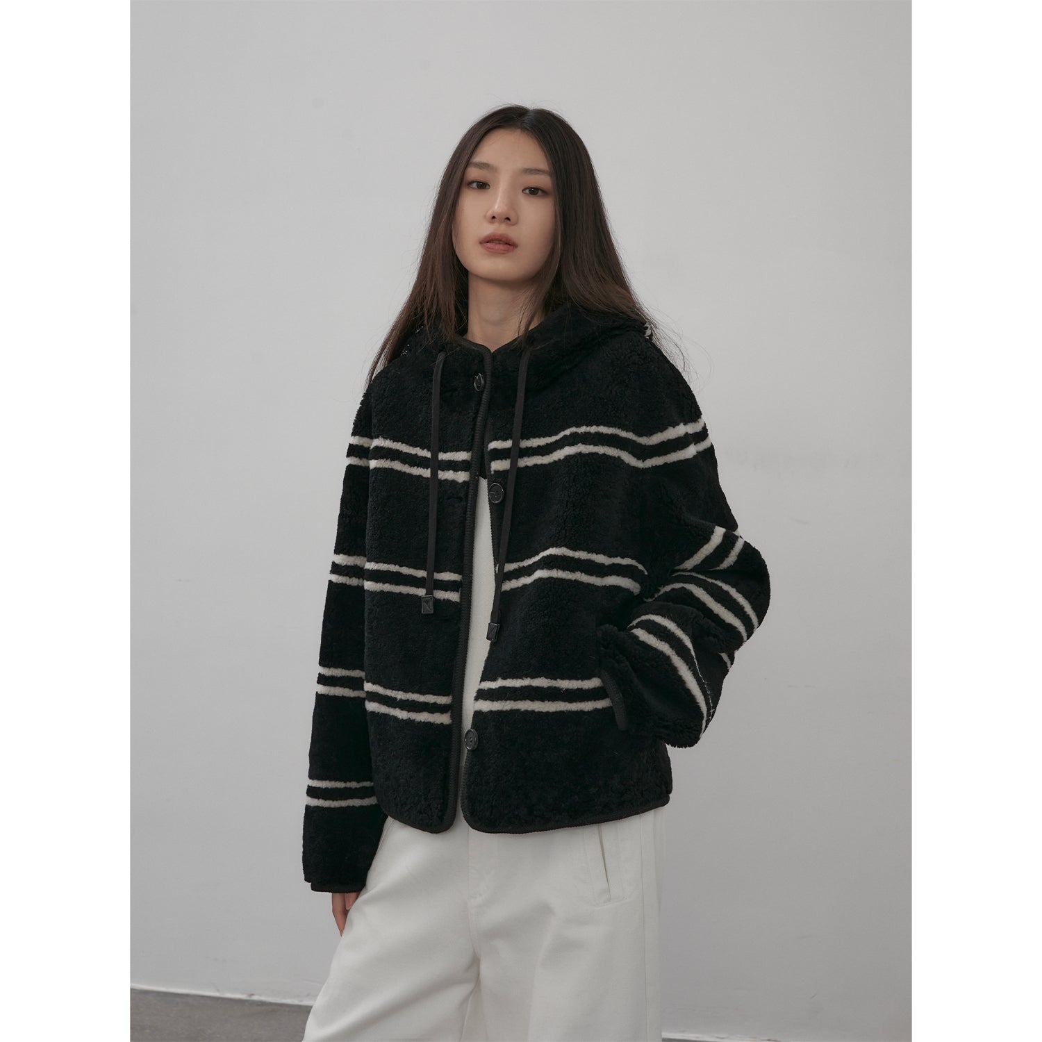 Fireladyfur Women's Lamb Wool Striped Jacket“Snowy New Year”-1