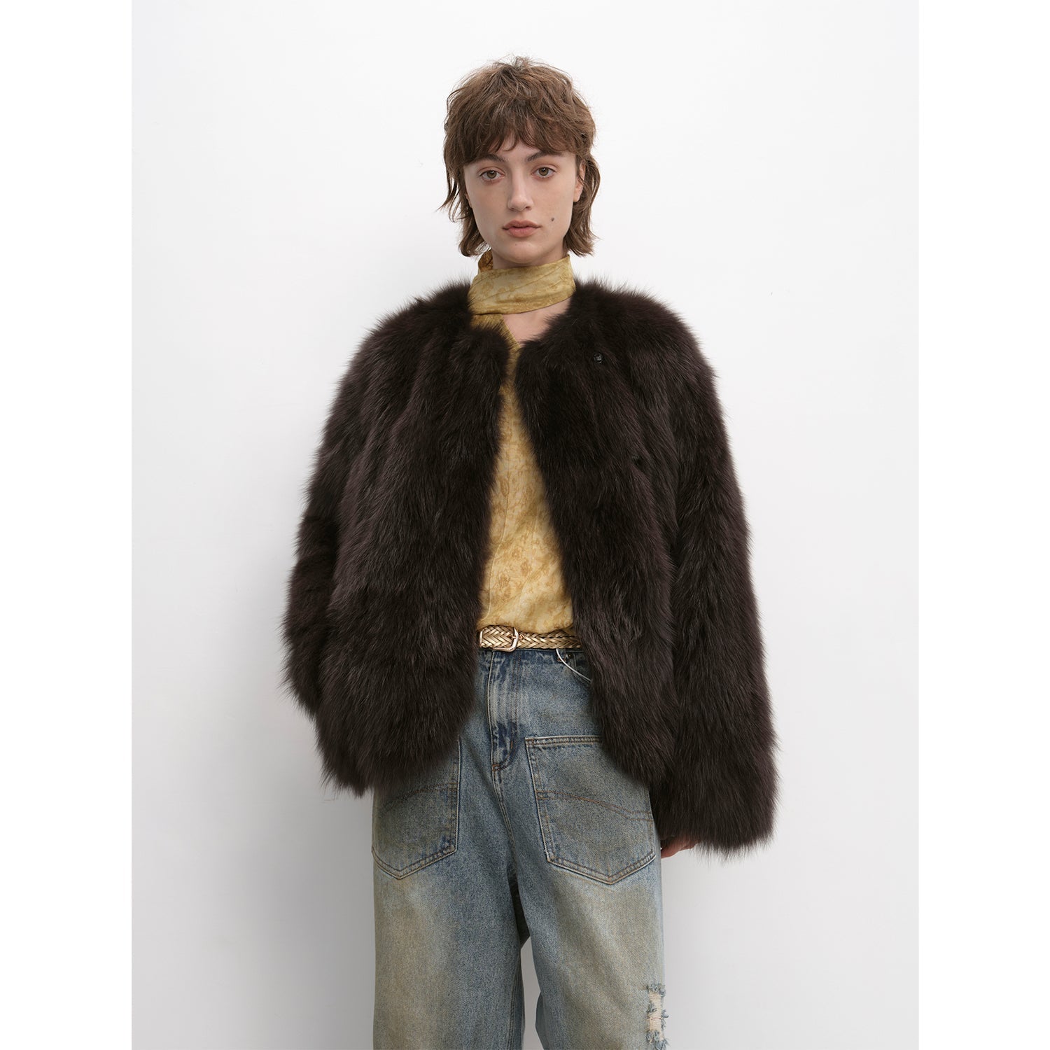 Morning Mist Manor Urban Chic Chicken Heart Collar Drop Shoulder Fox Fur Coat-4
