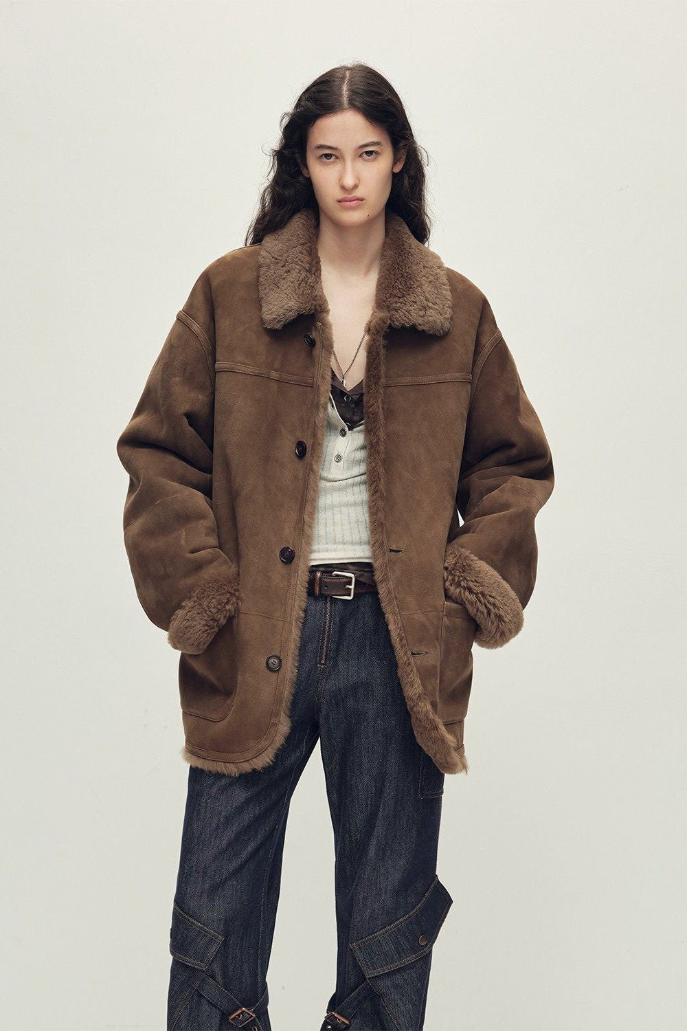 Women‘s Contrast-Collar Shearling Jacket with Shaved Leather Trim & Merino Shearling