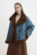Fireladyfur Women's Faux Leather Shearling Jacket - Long Reversible Wool Coat Christmas Elk Design-7