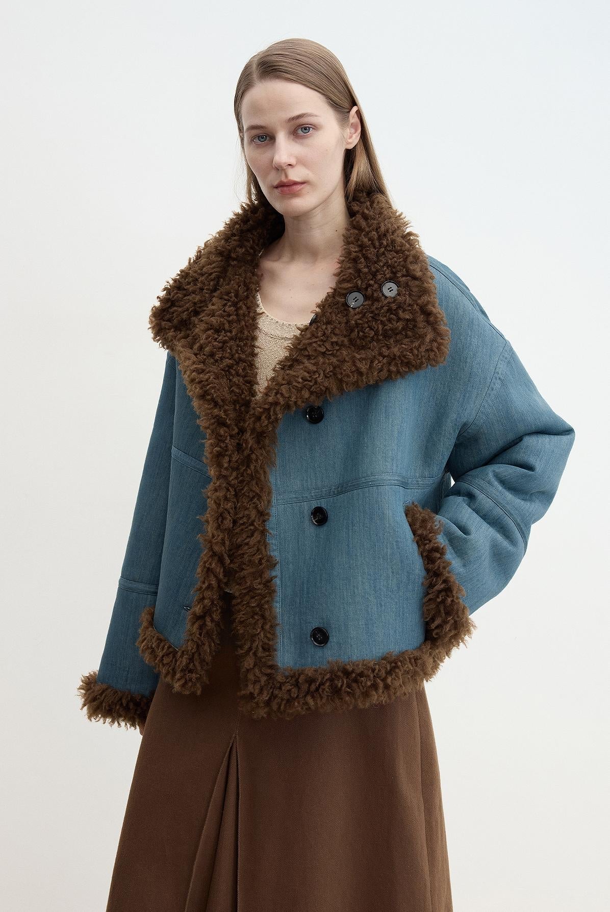 Fireladyfur Women's Faux Leather Shearling Jacket - Long Reversible Wool Coat Christmas Elk Design-7