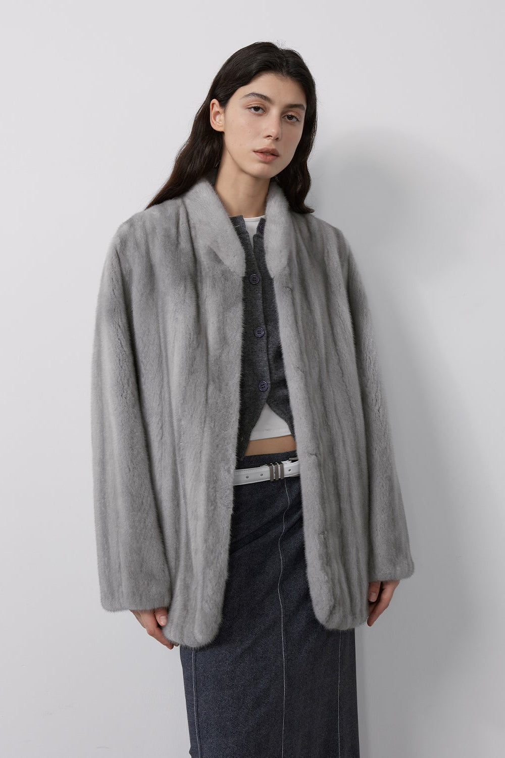 Warm coffee mink retro imported stand collar short mink fur coat-11
