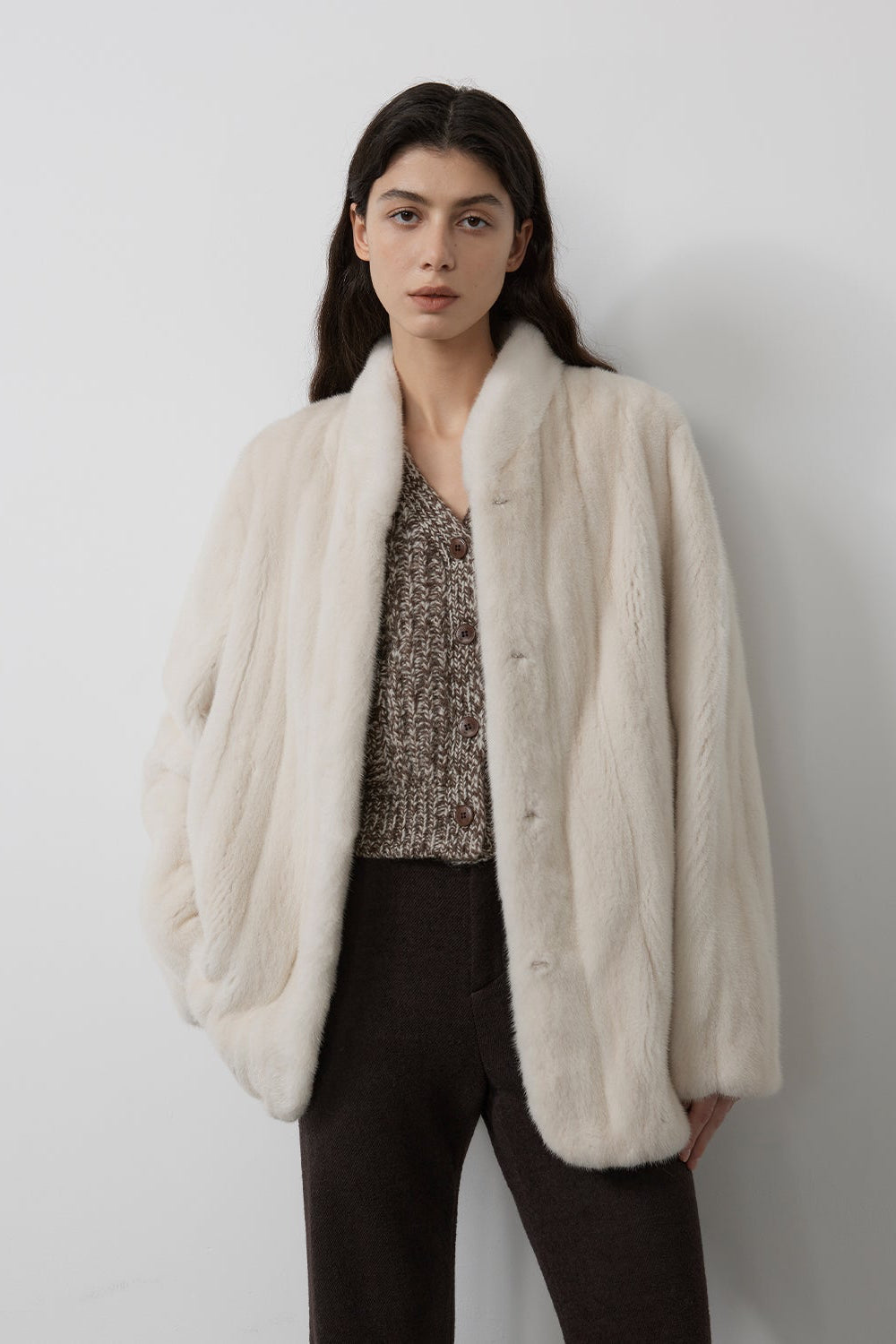 Warm coffee mink retro imported stand collar short mink fur coat-12