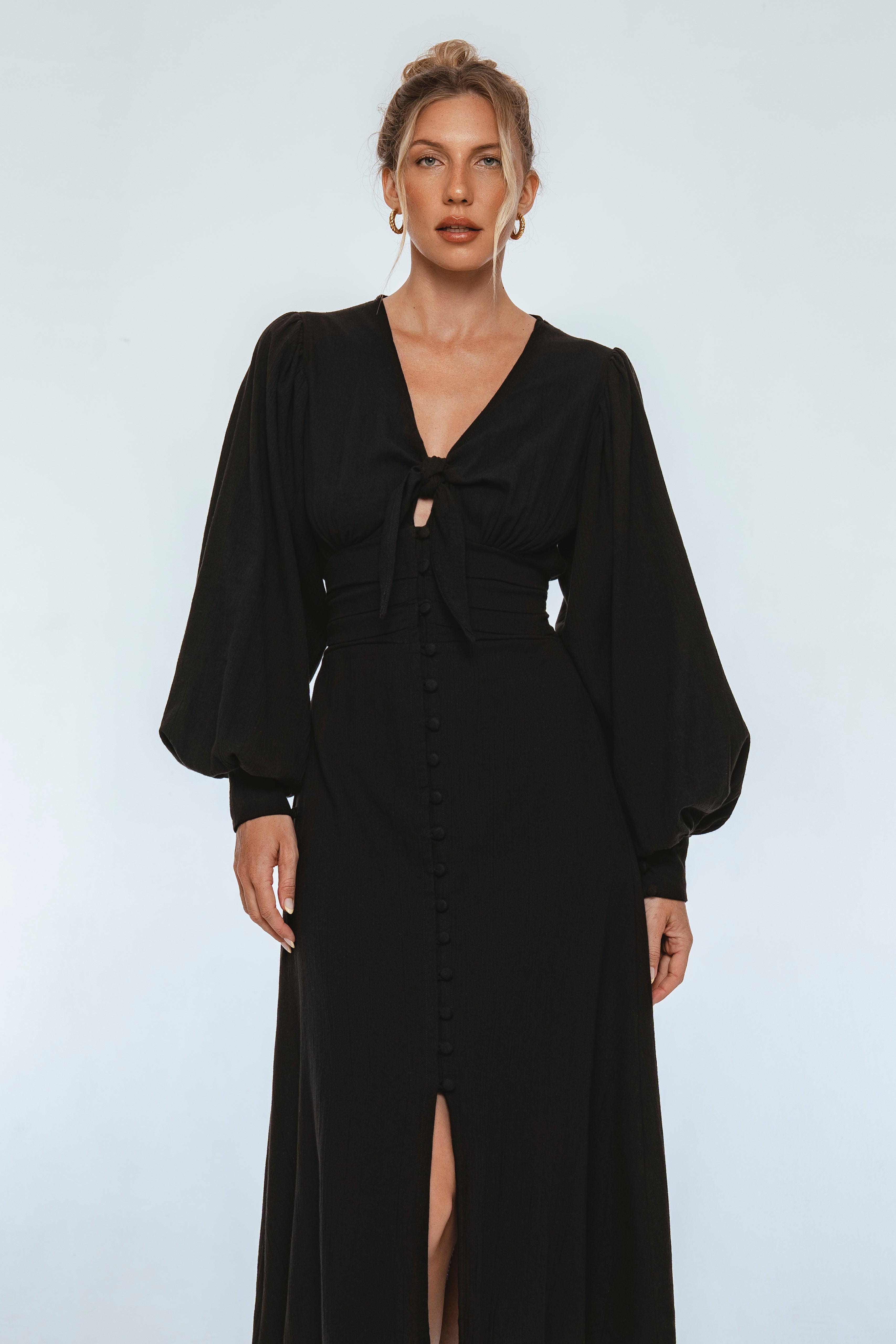 Velvet Sky Long Sleeve Linen Midi Dress