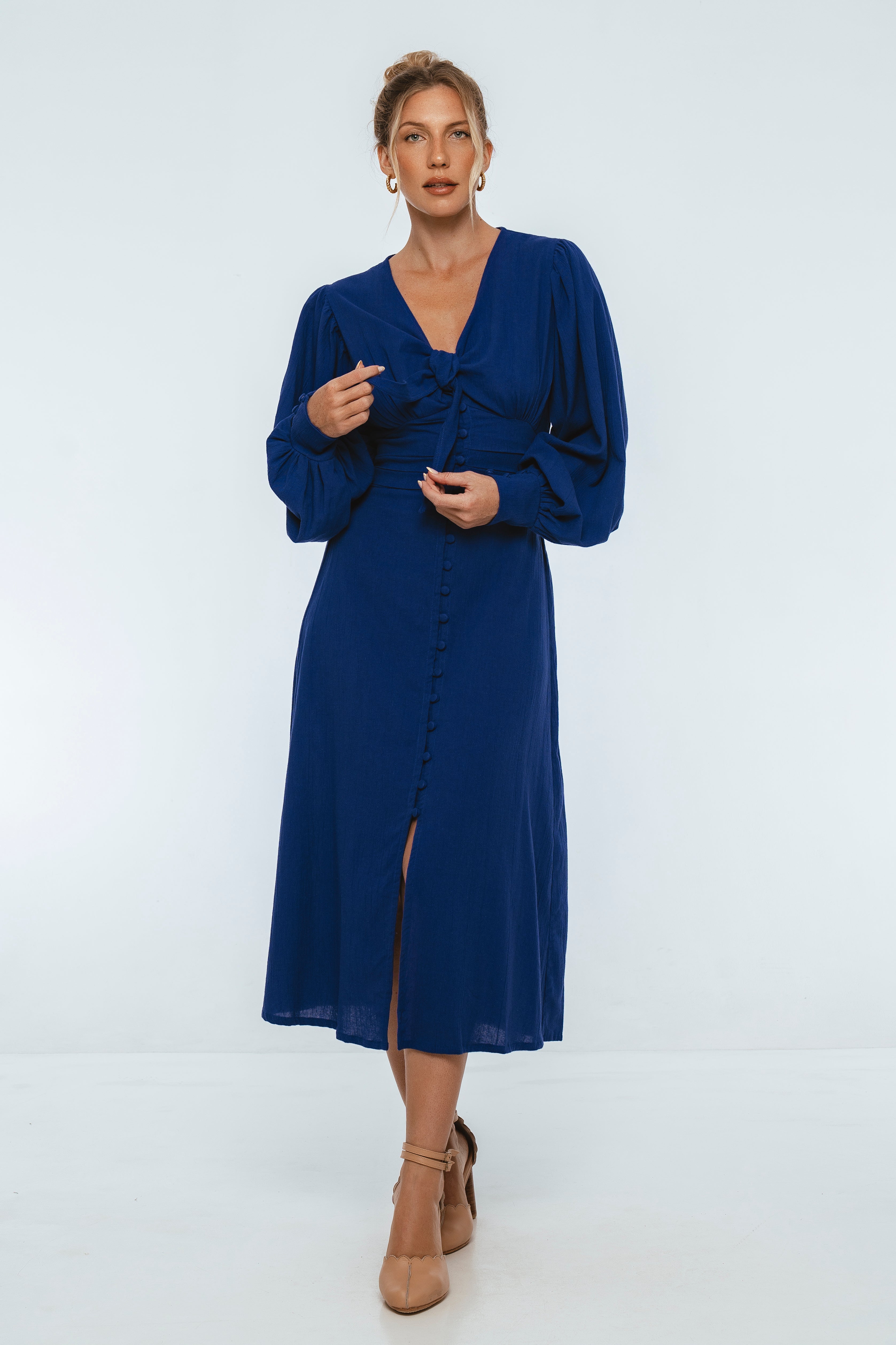 Velvet Sky Long Sleeve Linen Midi Dress
