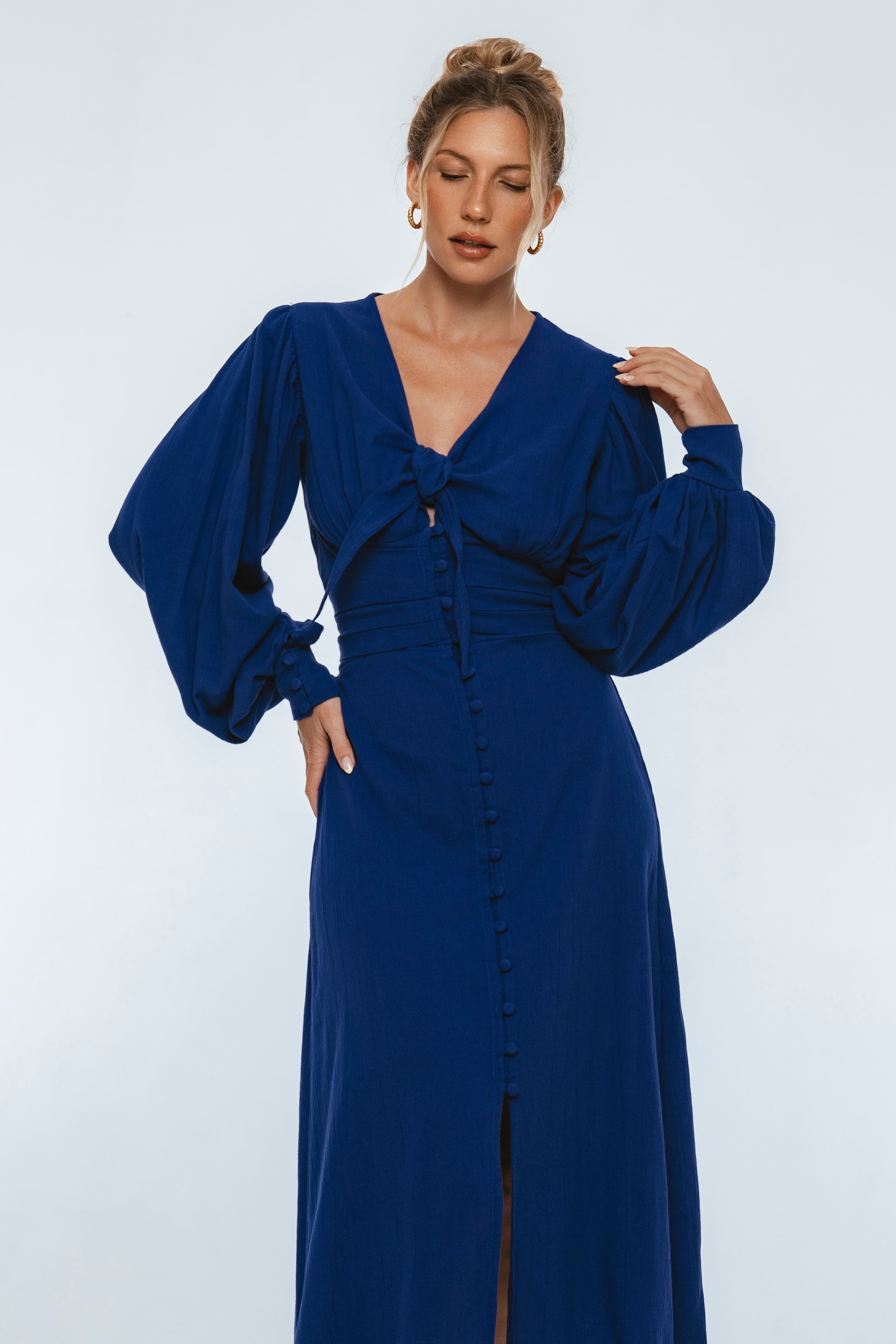 Velvet Sky Long Sleeve Linen Midi Dress