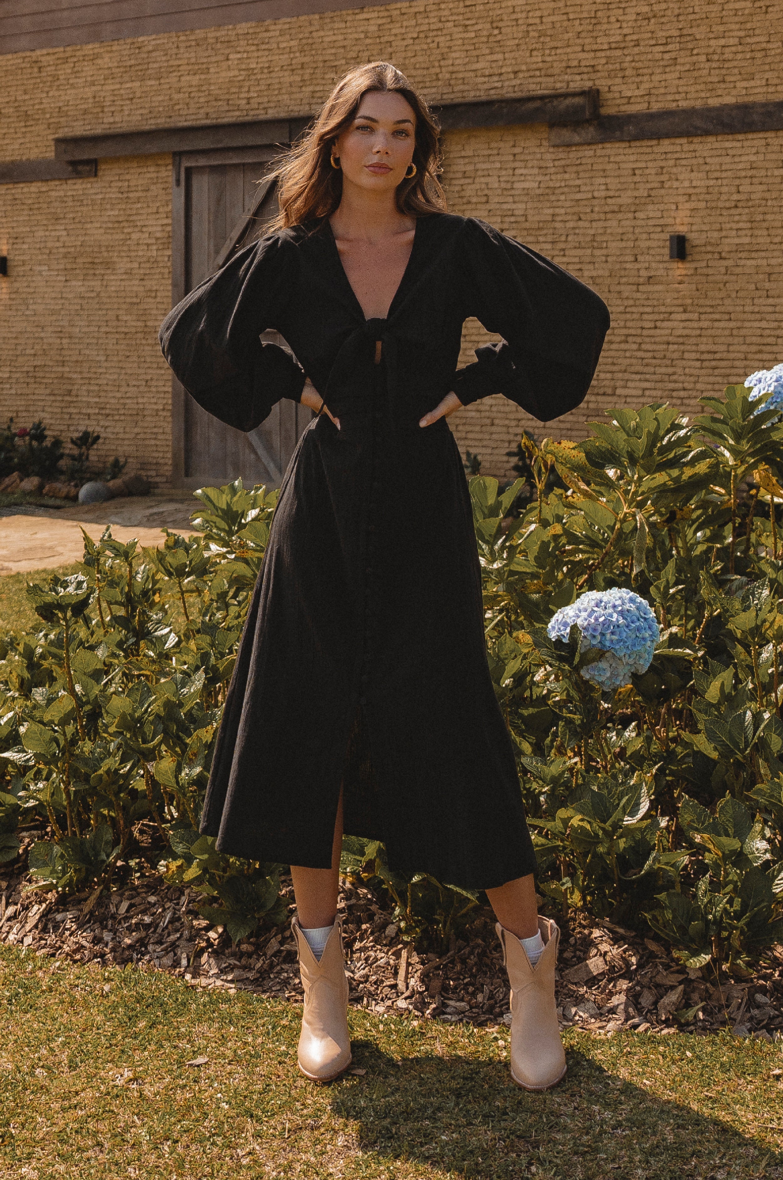 Velvet Sky Long Sleeve Linen Midi Dress