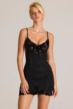 Villane Embellished Lace-Trim Mini Dress in Black