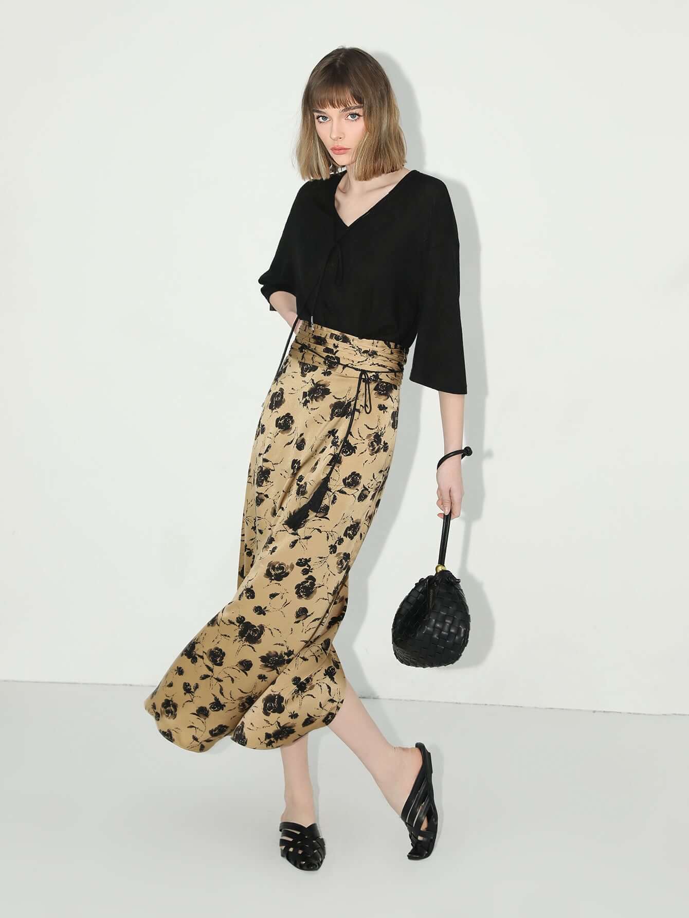 Black Tie-Up Knitted Top with Quarter Sleeves-0