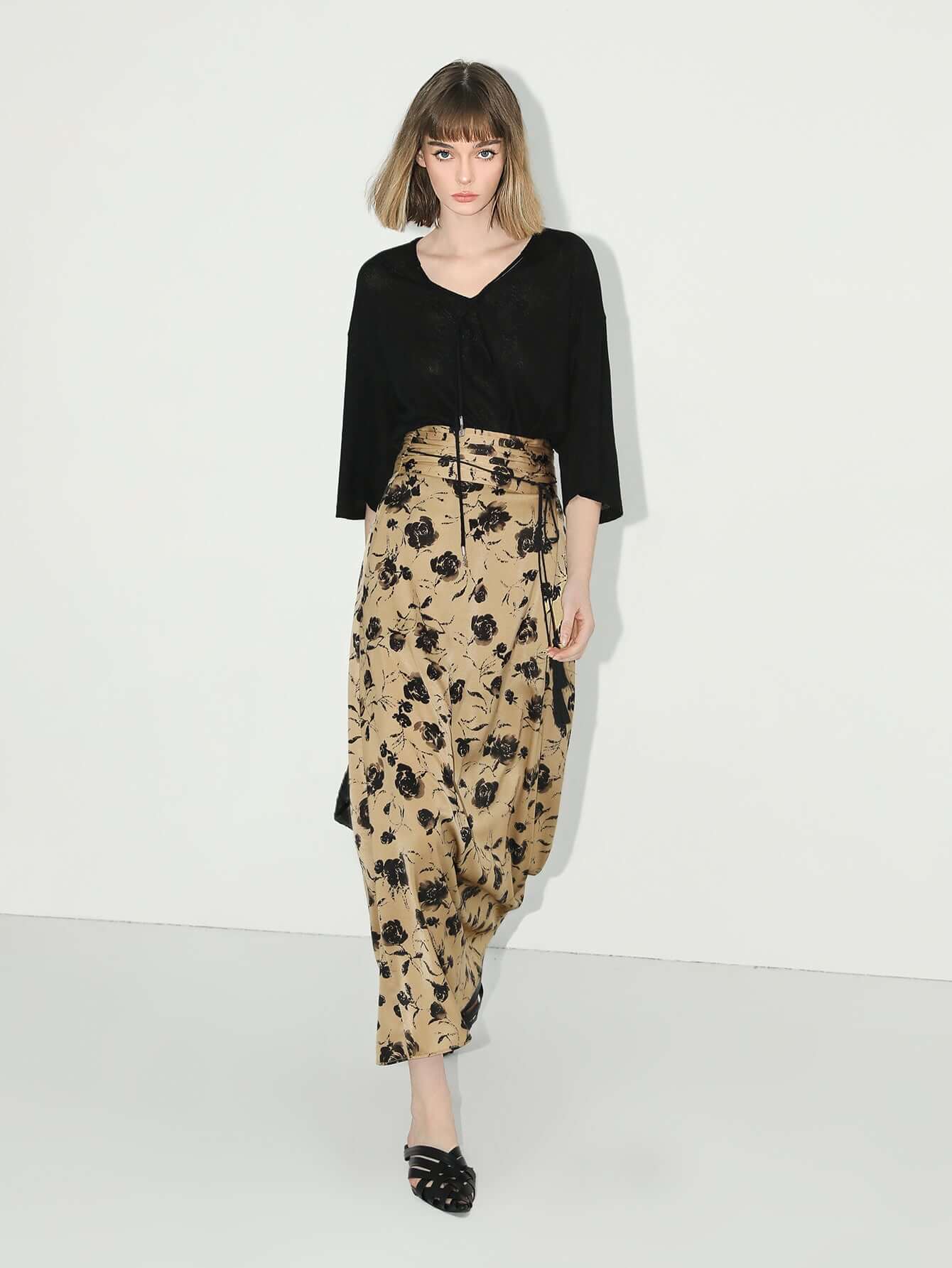 Black Tie-Up Knitted Top with Quarter Sleeves-2