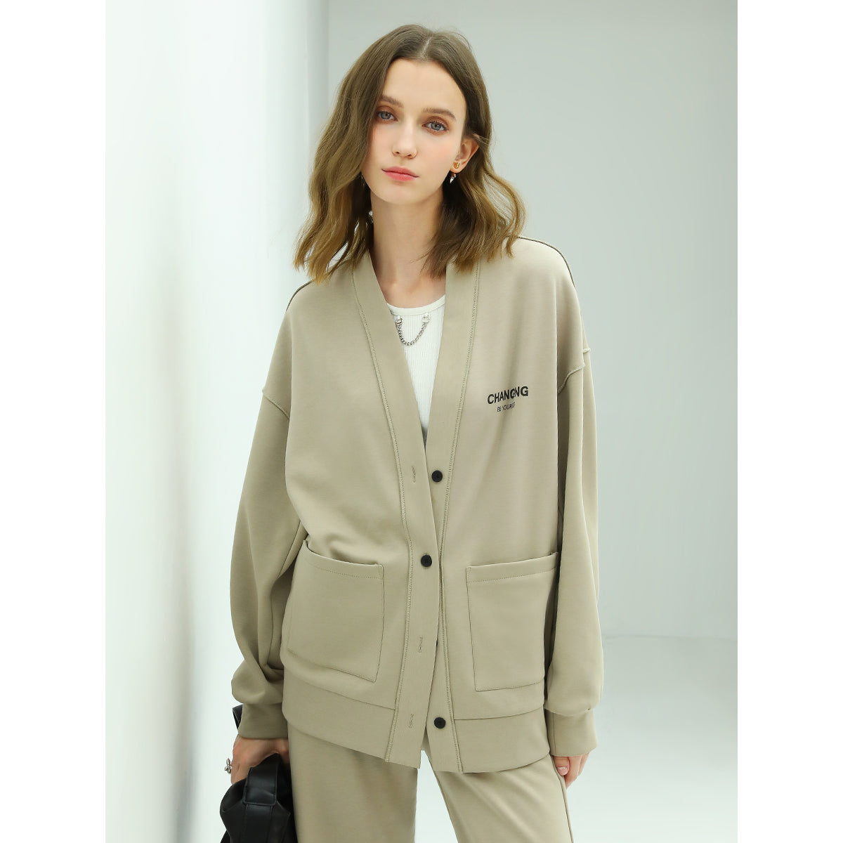 Casual Oversized Khaki Cardigan with Pockets