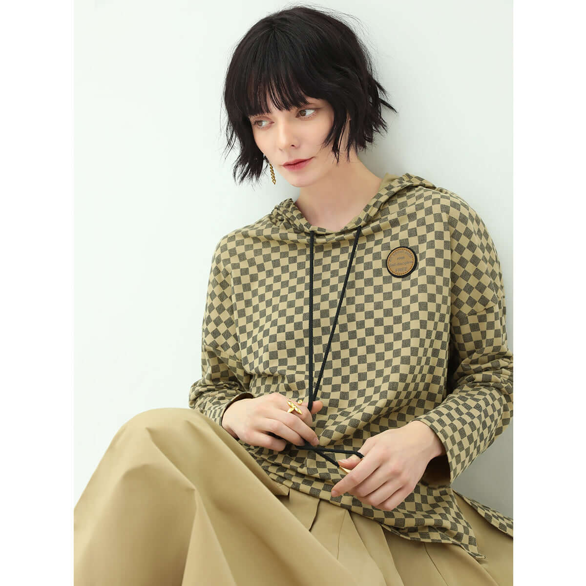 Chessboard Khaki Hooded Sweater-0