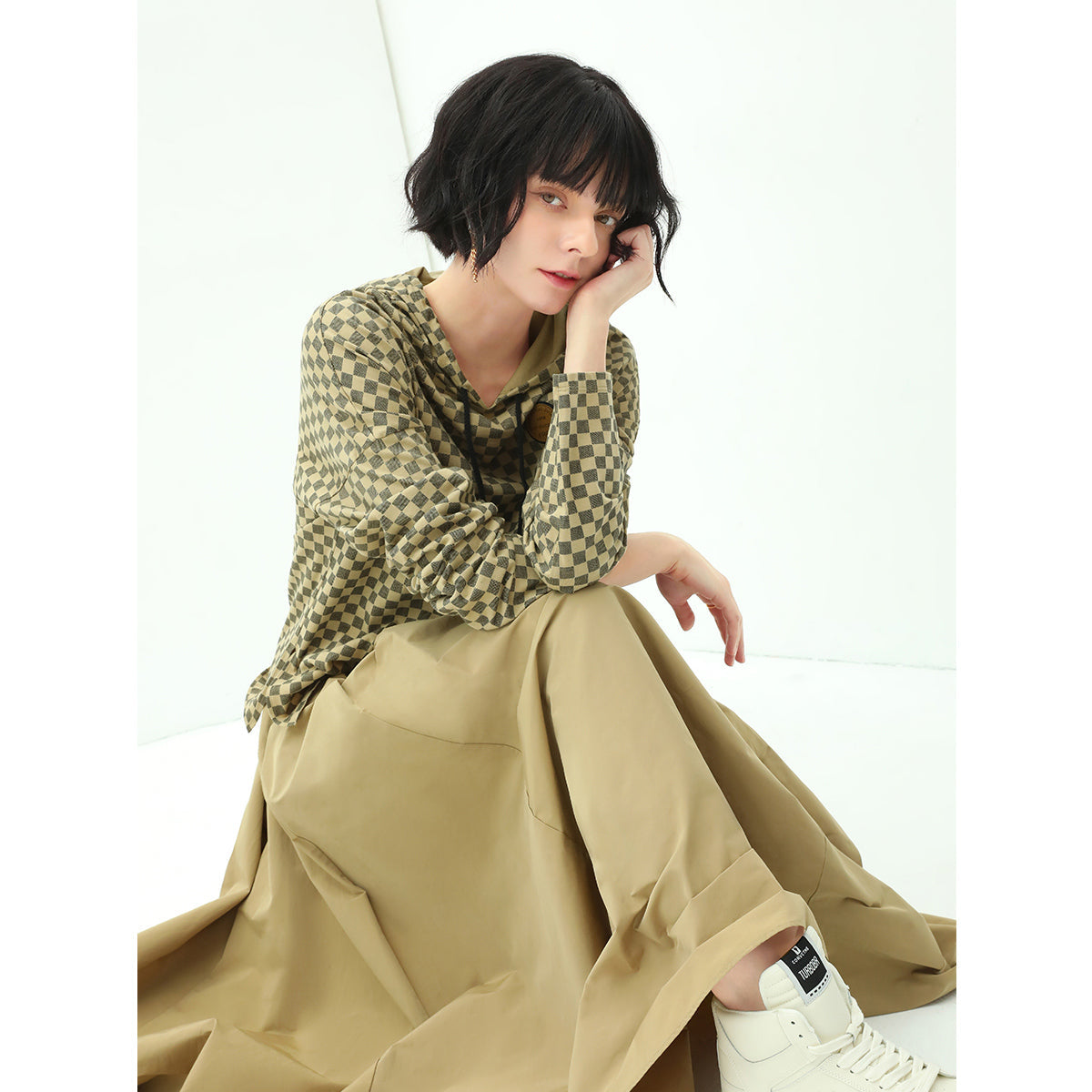 Chessboard Khaki Hooded Sweater-1