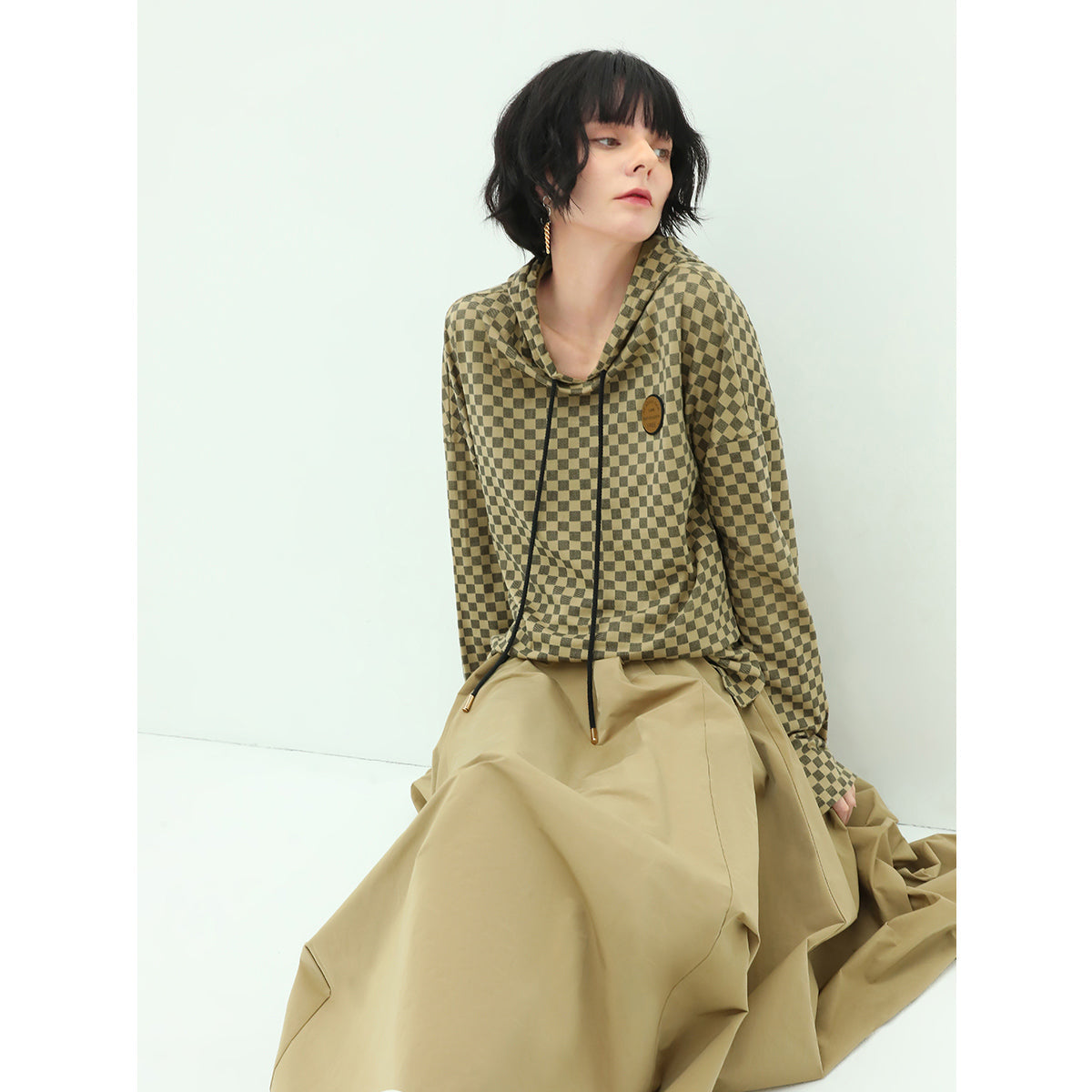 Chessboard Khaki Hooded Sweater-2