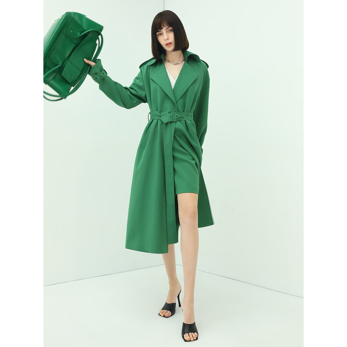Classic Green Long Trench Coat with Buckle