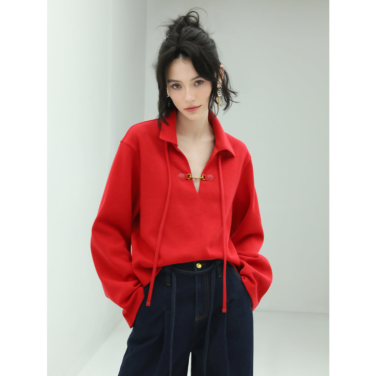 Comfy Drawstring Wide Sleeved Red Sweater With Collar Buckle-0