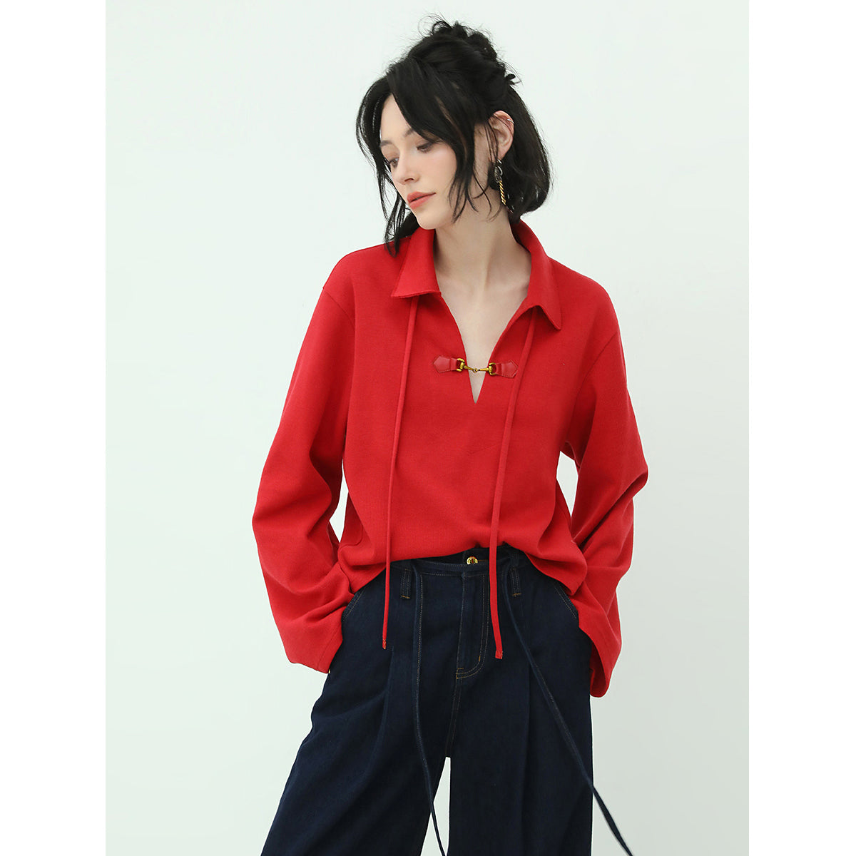 Comfy Drawstring Wide Sleeved Red Sweater With Collar Buckle-1