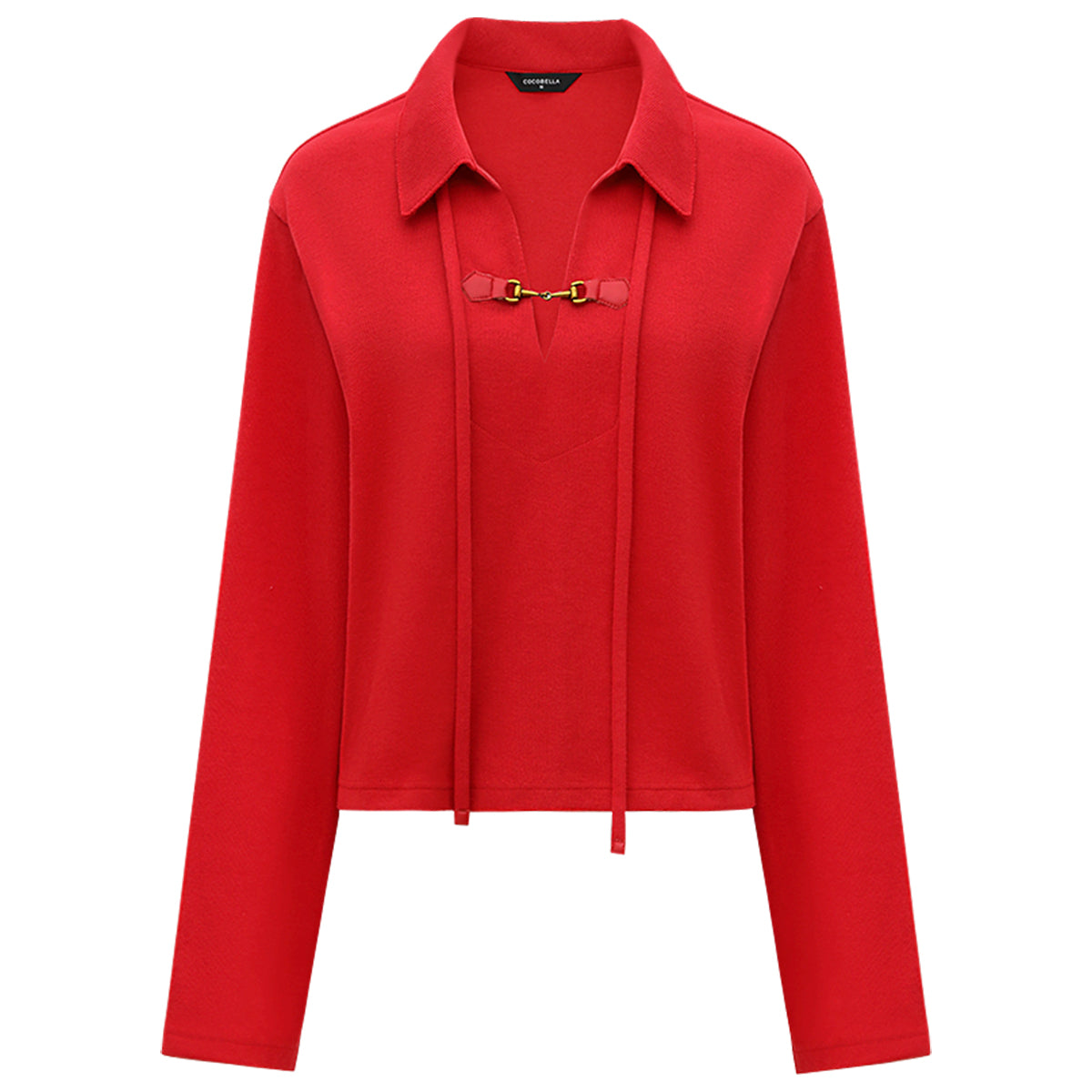 Comfy Drawstring Wide Sleeved Red Sweater With Collar Buckle-3