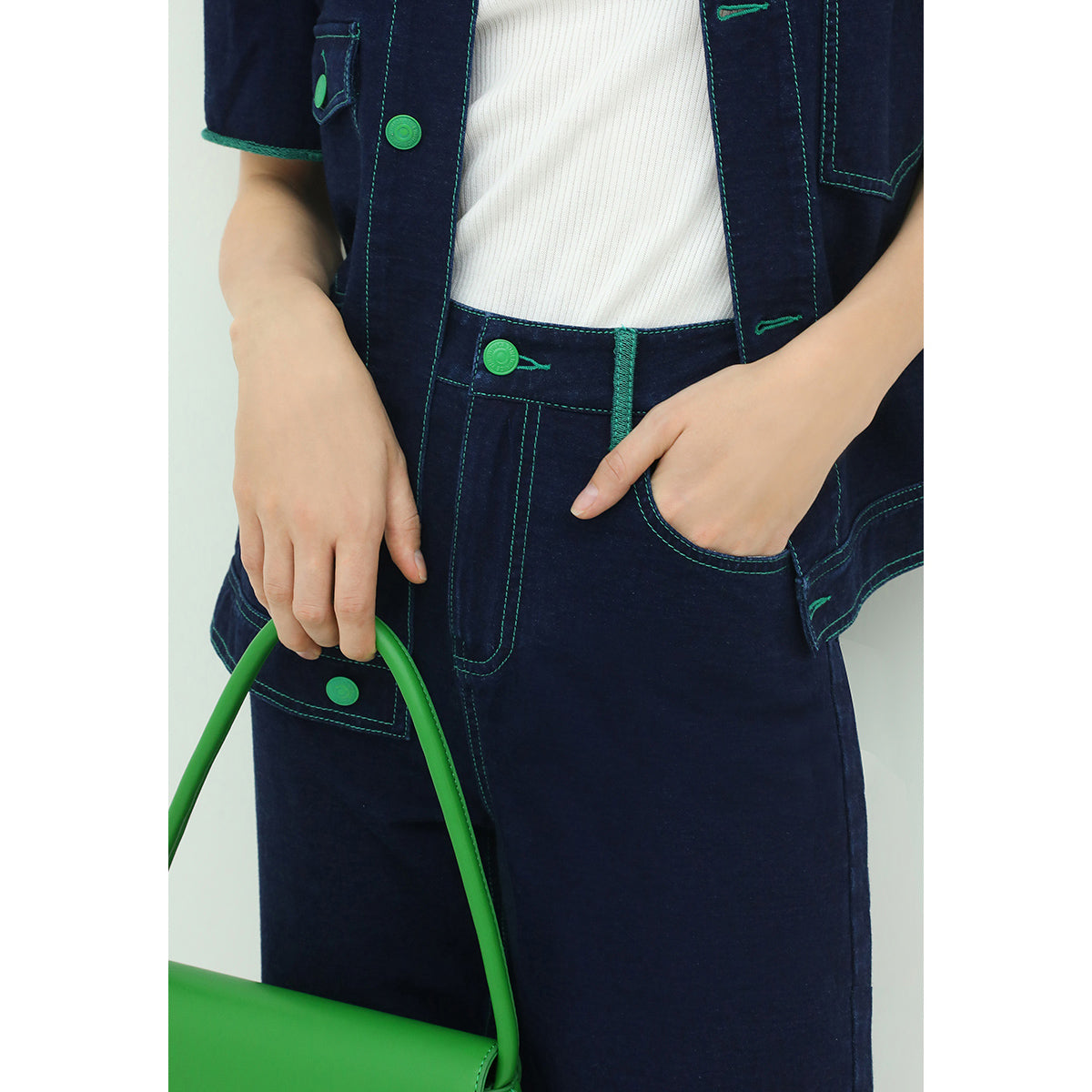 Contrast Stitch High-waist Navy Jeans-1