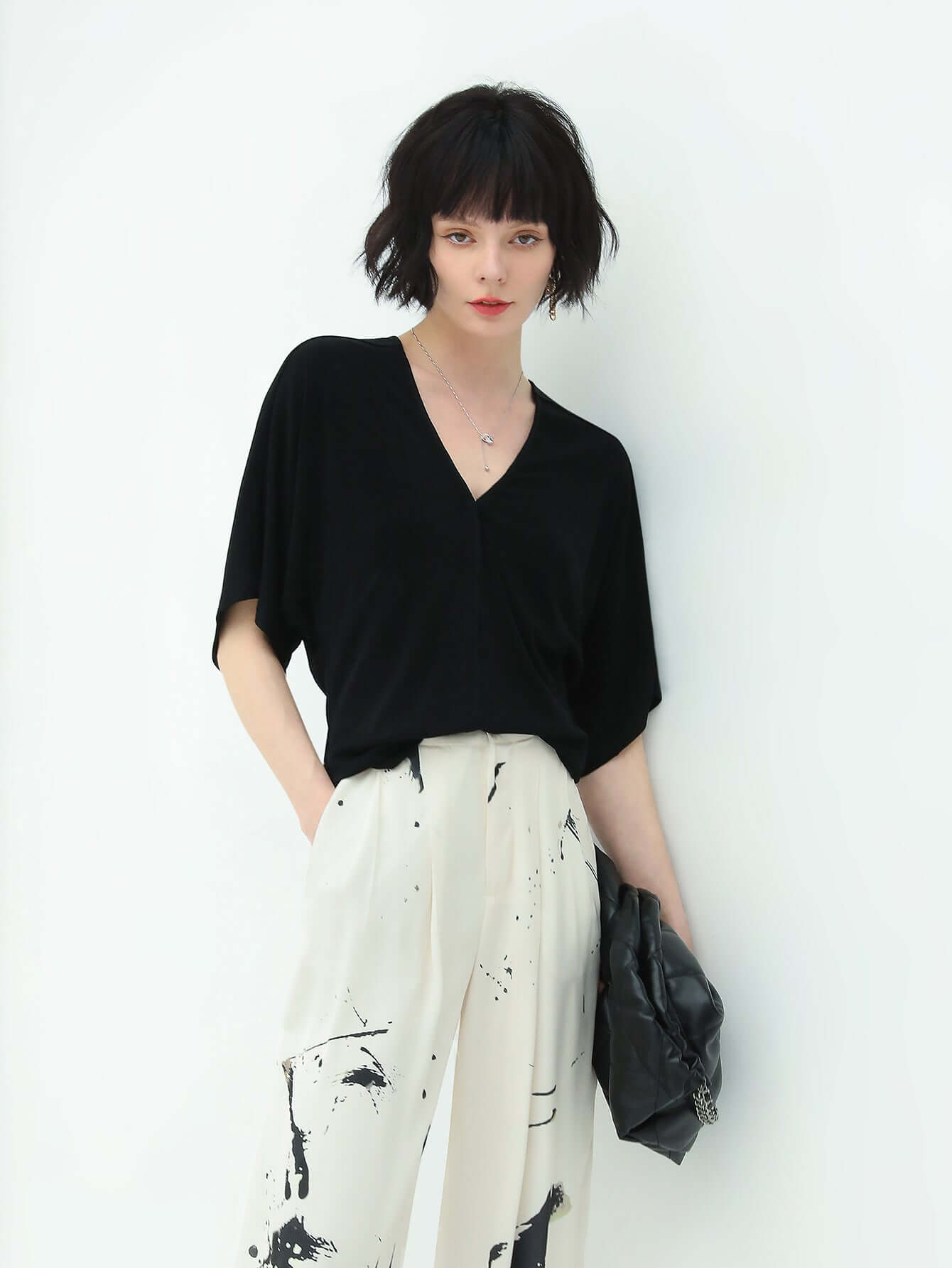 Deep V-Neck Black Knit Top-0
