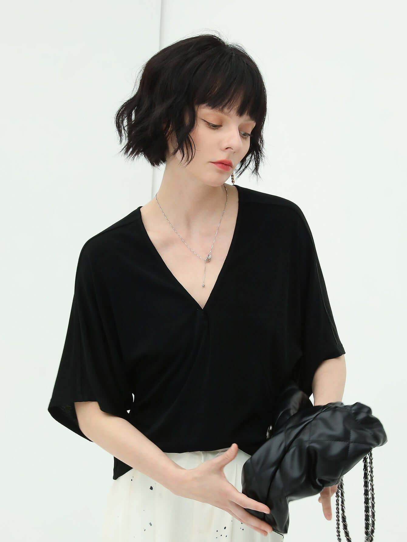 Deep V-Neck Black Knit Top-1