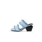 Double Strap Fringed Denim Square Toe Mules-0