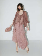 Dusty Pink Pleated Asymmetrical A-Line Chiffon Skirt-2