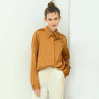 Edgy Brown Silk Shirt with Bejeweled Sleeves-0