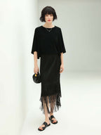 Elegant Black Double-Layered Fringe Pleated Skirt-0