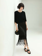 Elegant Black Double-Layered Fringe Pleated Skirt-1