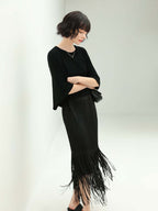 Elegant Black Double-Layered Fringe Pleated Skirt-2