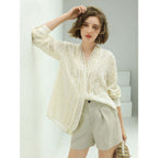 Elegant Pleated V-Neck Apricot Chiffon Shirt-0