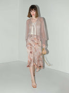 Floral Gradient Panel Asymmetrical Hem Satin Skirt-2