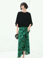 Floral Green and Black High-Waist Midi Skirt-1