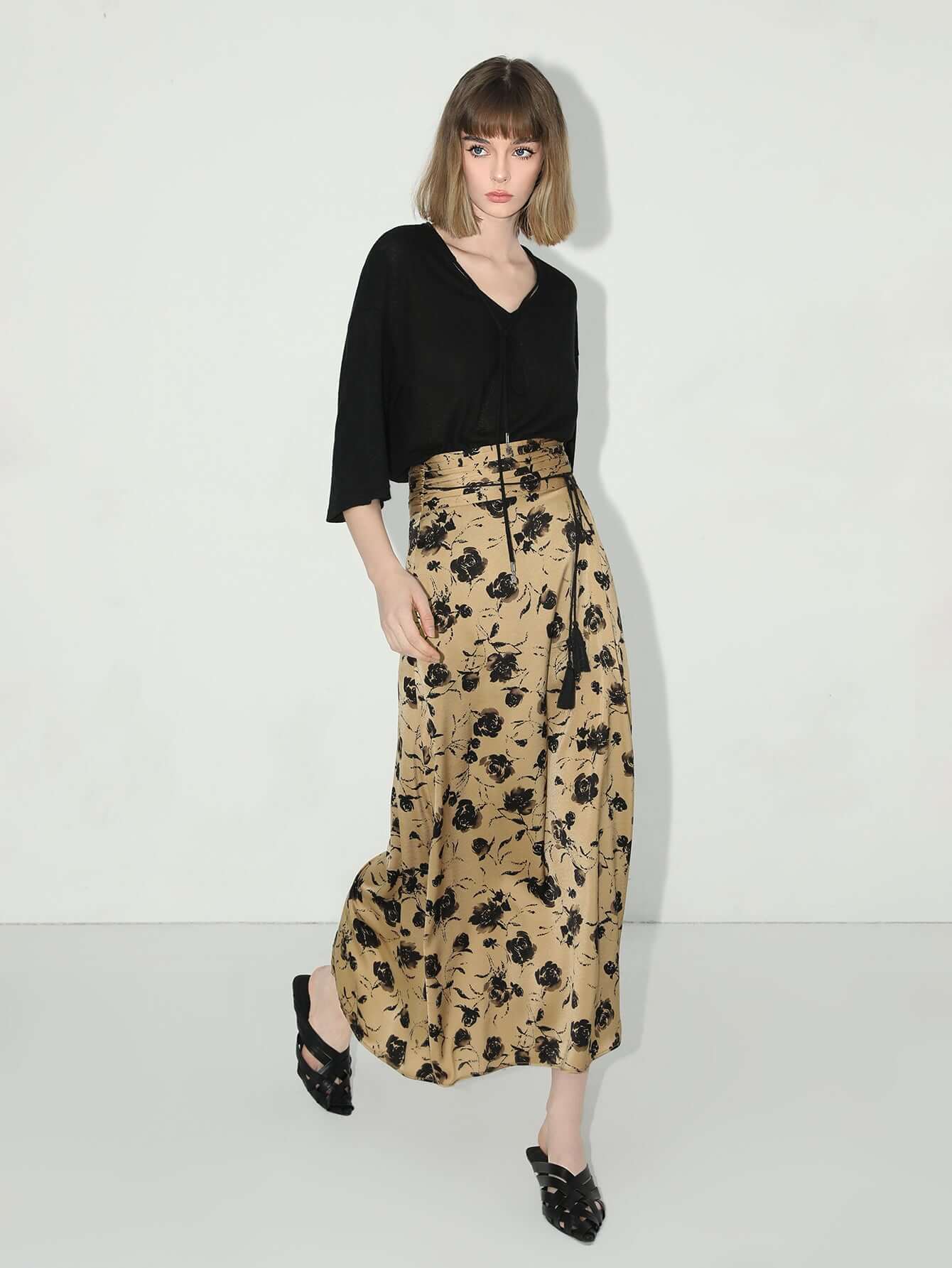 Fringe Tassel High-Waist Floral Pleated Midi Skirt