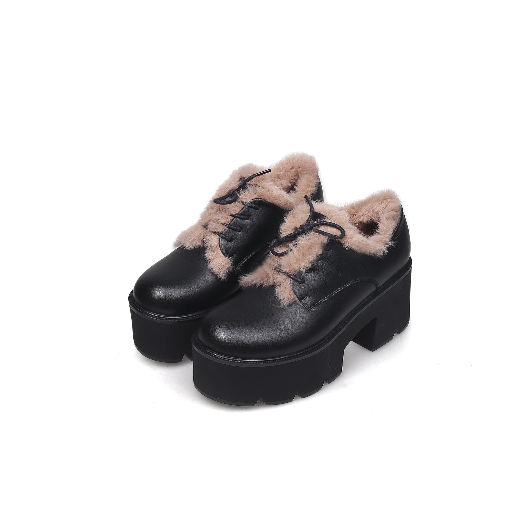 Fur Lined Black Platform Leather Shoes-1