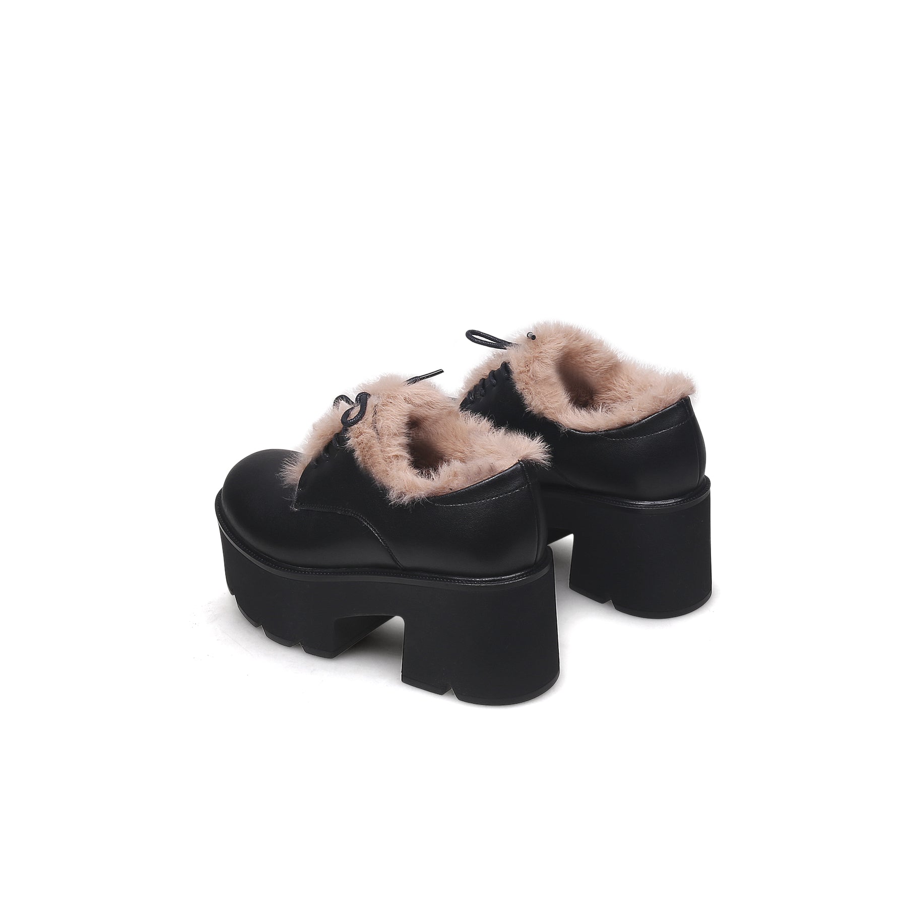 Fur Lined Black Platform Leather Shoes-2