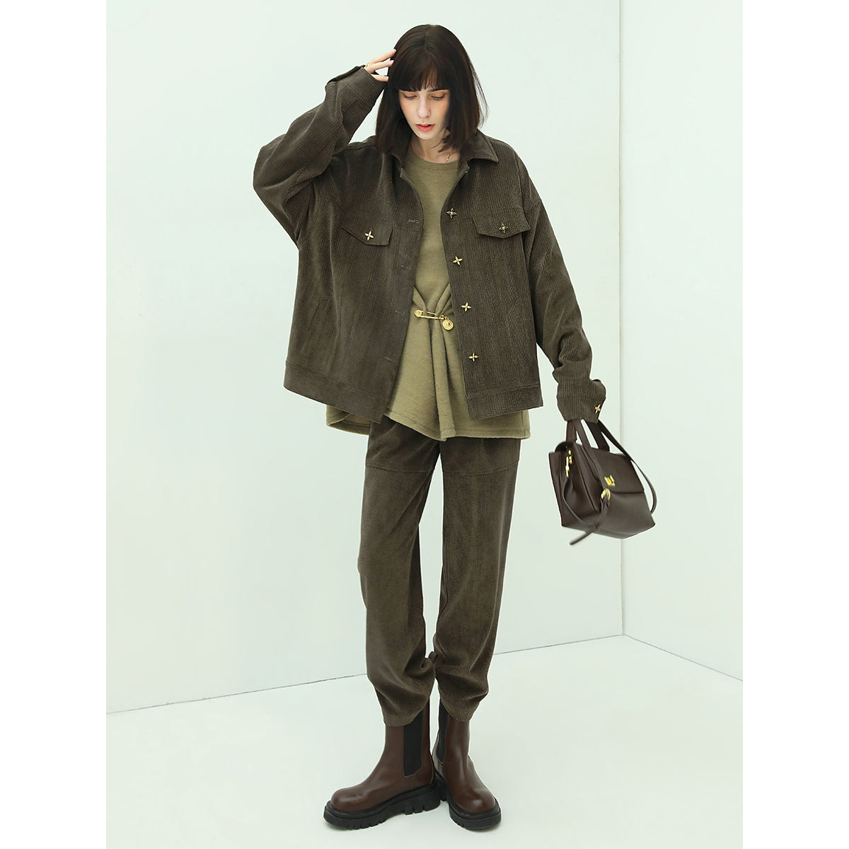 Green Corduroy Jacket with Gold Embellishments